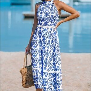 Cupshe Blue & White Ornate Halterneck Sleeveless Midi Dress Size Medium